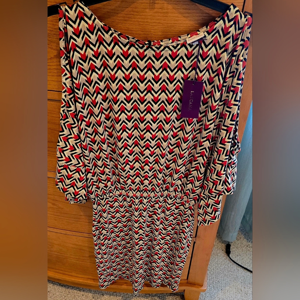 Lascana, geometric pattern dress with dolman sleeves, belted waist, NWT